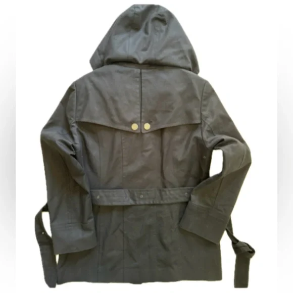 Calvin Klein Hooded Trench Coat Belted Black Cotton Blend Jacket Womens M - Picture 5 of 7